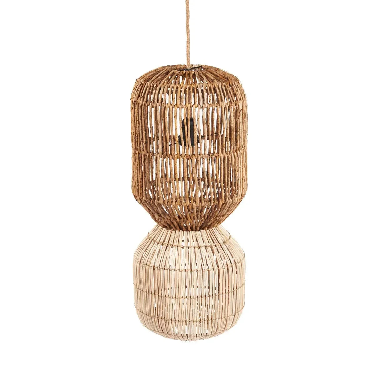 Suspension cylindrique en rotin tressé naturel à motifs contrastés – H60 cm