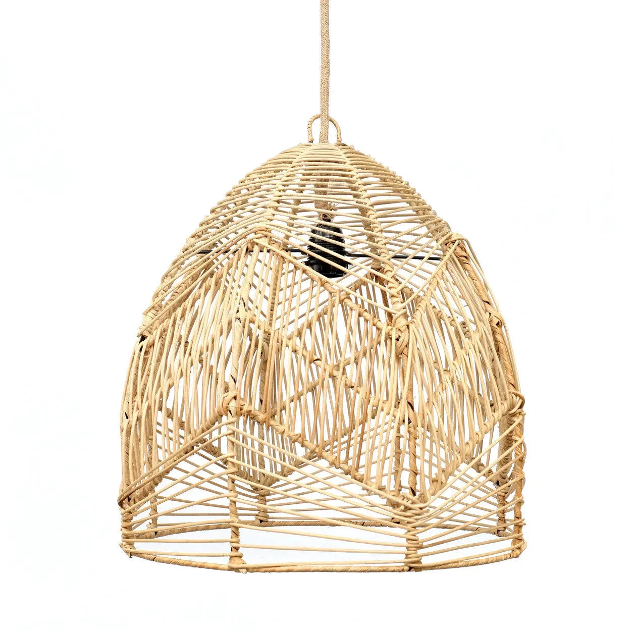 Suspension dôme en rotin tressé naturel avec motif géométrique abstrait, Ø40 cm