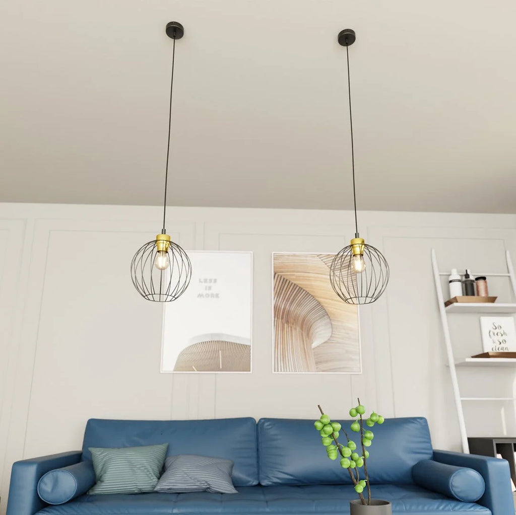 Suspension filaire en métal noir et laiton Ø24 cm pour salon
