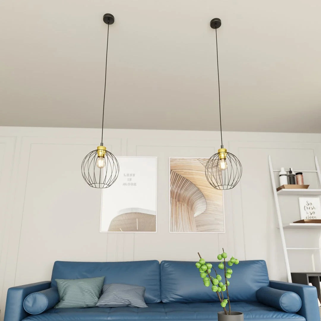 Suspension filaire en métal noir et laiton Ø24 cm pour salon