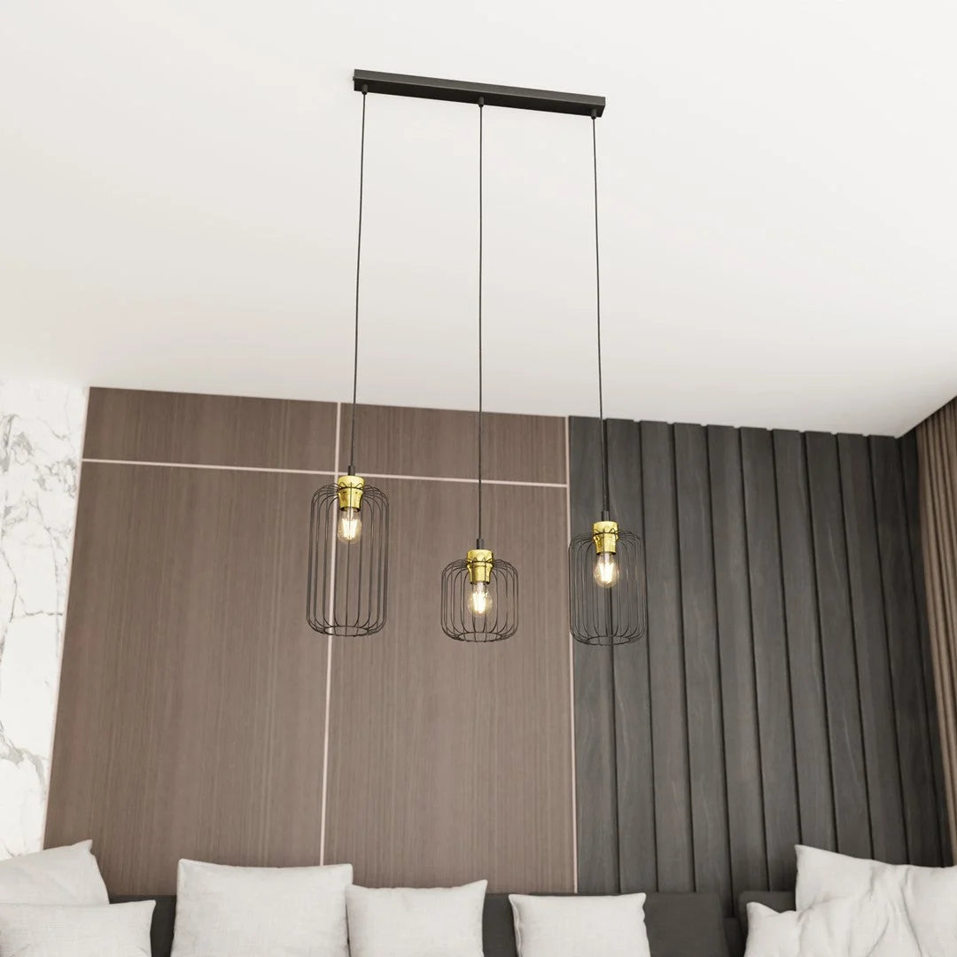 Suspension industrielle 3 lumières métal noir laiton 60x140 cm