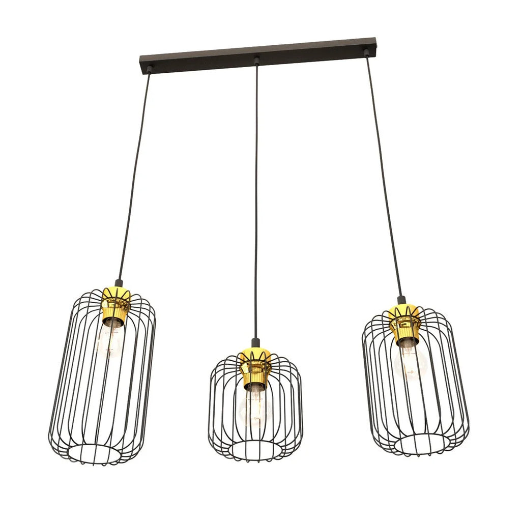 Suspension industrielle 3 lumières métal noir laiton 60x140 cm