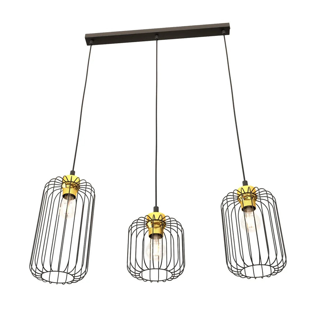 Suspension industrielle 3 lumières métal noir laiton 60x140 cm