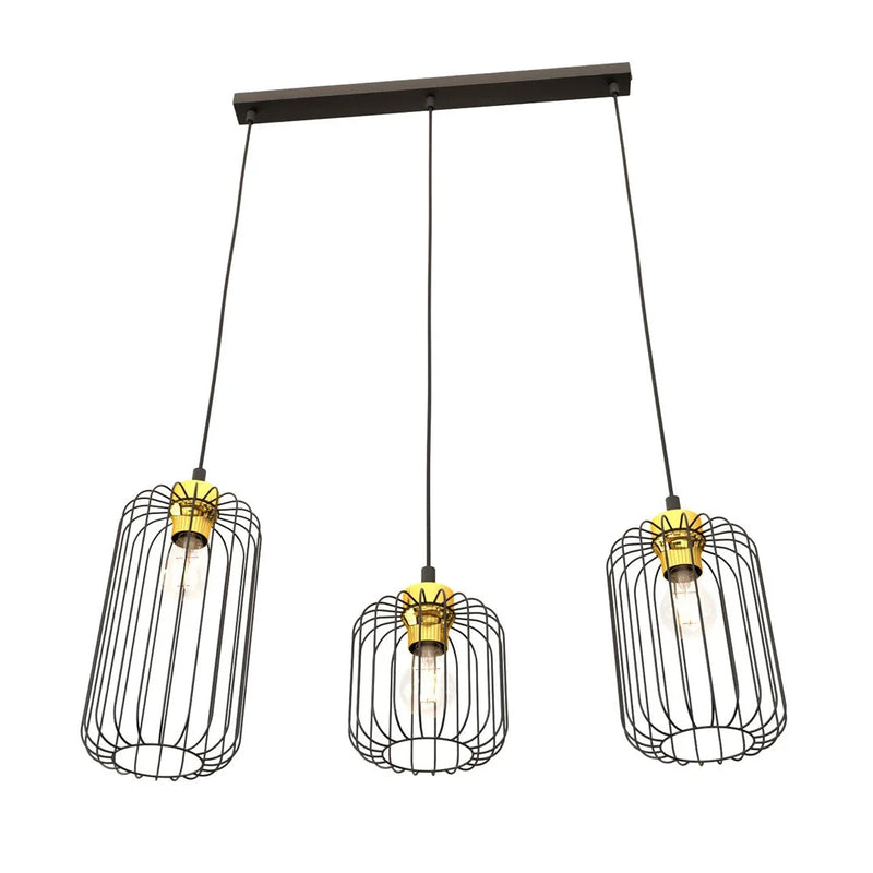 Suspension industrielle 3 lumières en métal noir et laiton – 60x140 cm