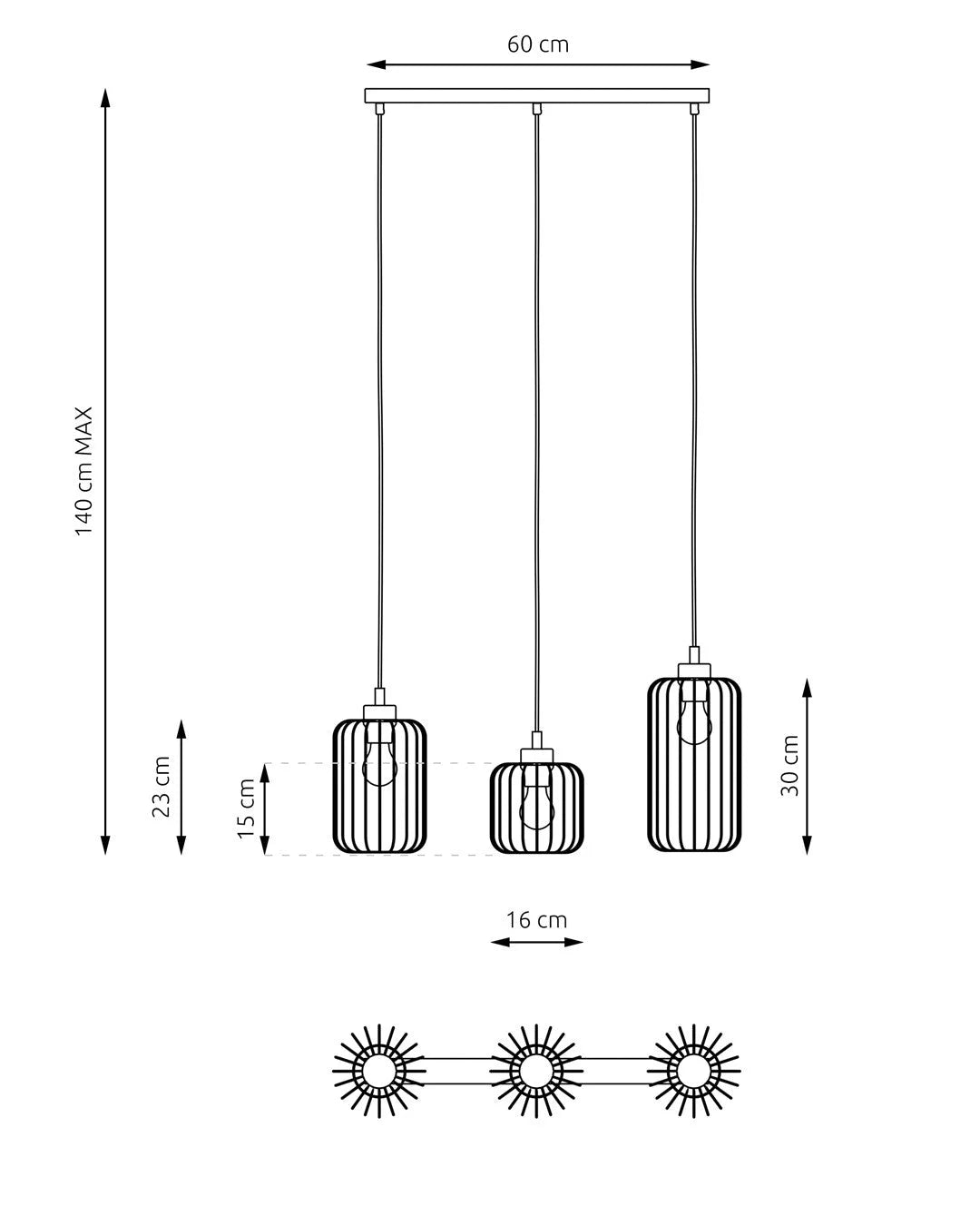 Suspension industrielle 3 lumières en métal noir et laiton, 60x140 cm