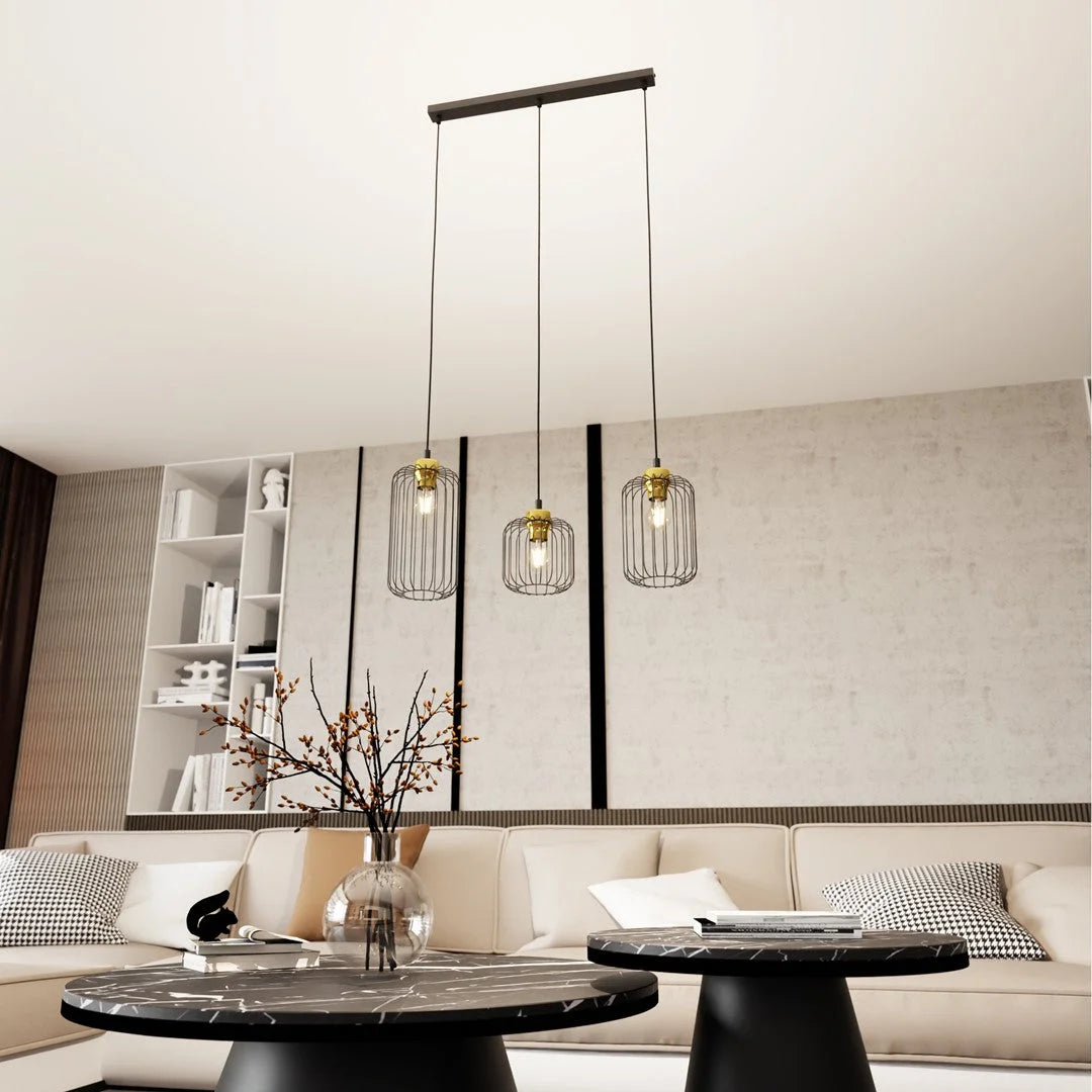 Lampes suspendues industrielles 3 lumières métal noir et laiton 60x140 cm