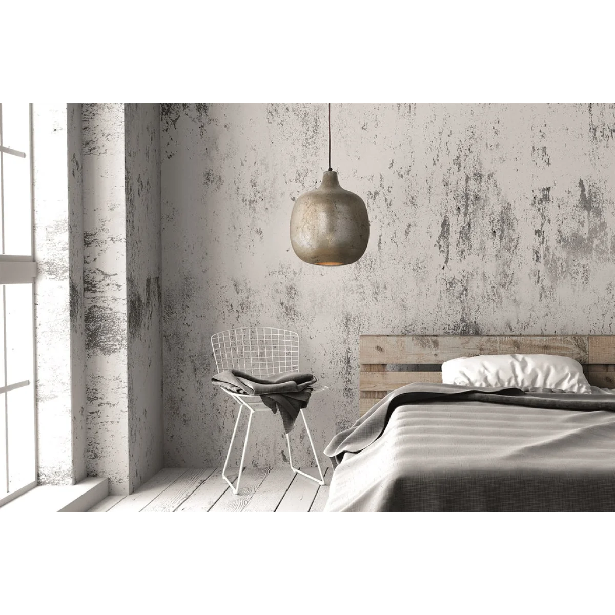 Luminaire Hängelampe Mican 100 Hellbronze dans une chambre avec mur à finition distressed