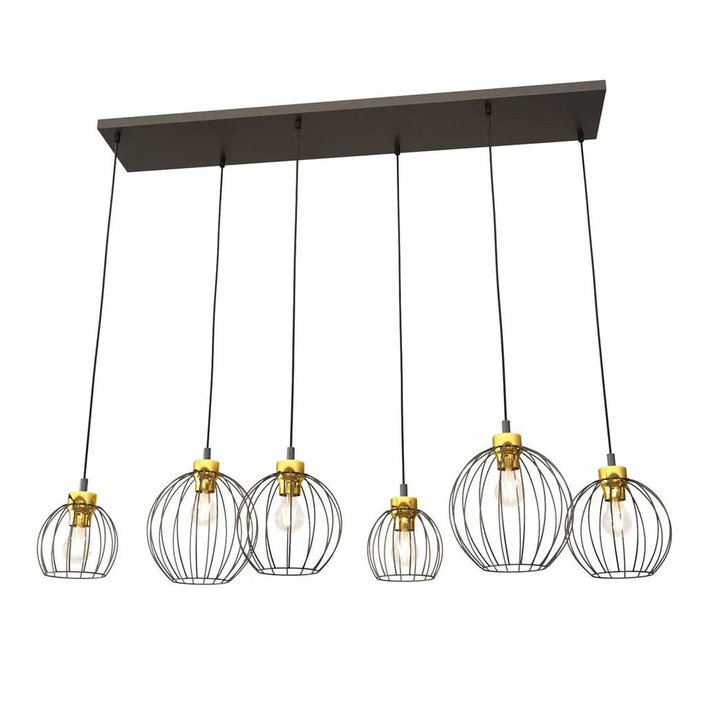 Suspension industrielle métal noir et or, 6 abat-jour filaires sphériques, 125x20 cm
