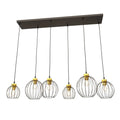 Suspension industrielle métal noir et or, 6 abat-jour filaires sphériques, 125x20 cm
