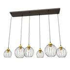 Suspension industrielle métal noir et or, 6 abat-jour filaires sphériques, 125x20 cm