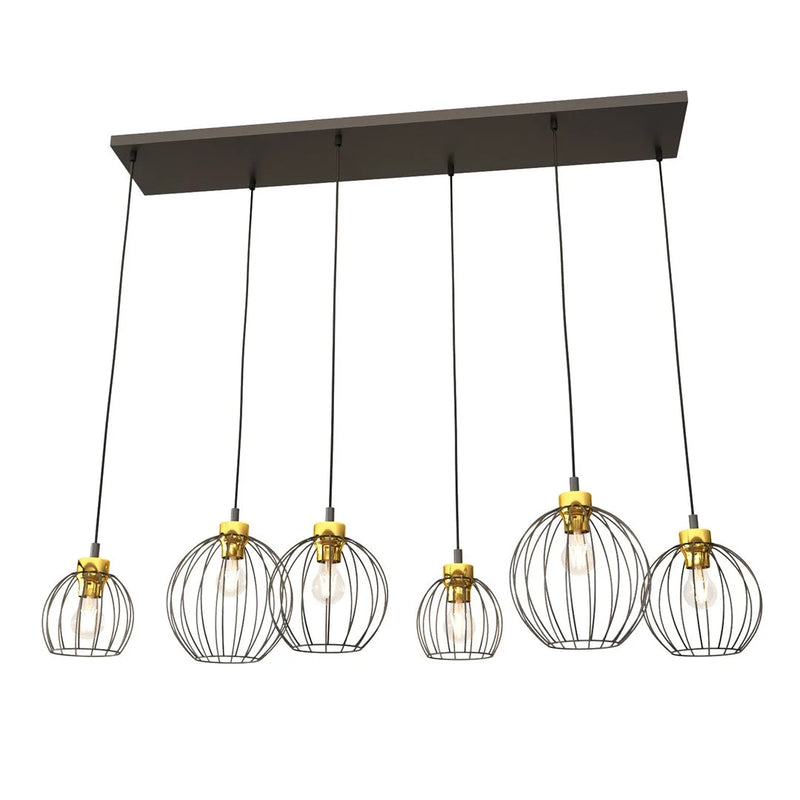 Suspension industrielle en métal noir et or à 6 abat-jour filaires – 125x20 cm