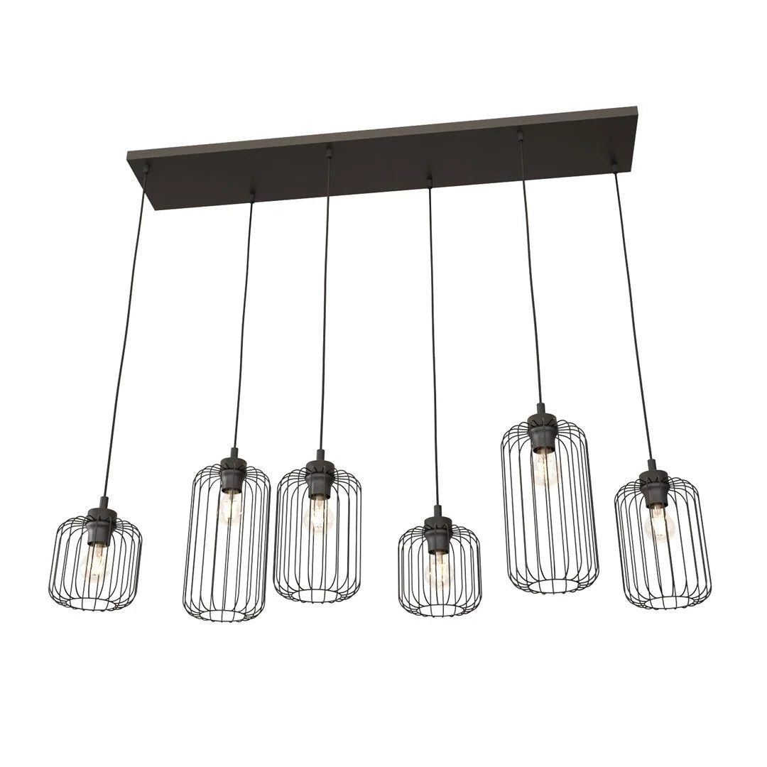 Suspension industrielle noire en cage en acier à 6 lampes, 115x20 cm
