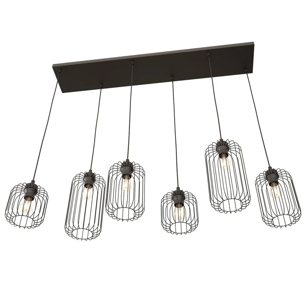 Suspension industrielle noire en acier à 6 lampes en cage filaire 115x20 cm