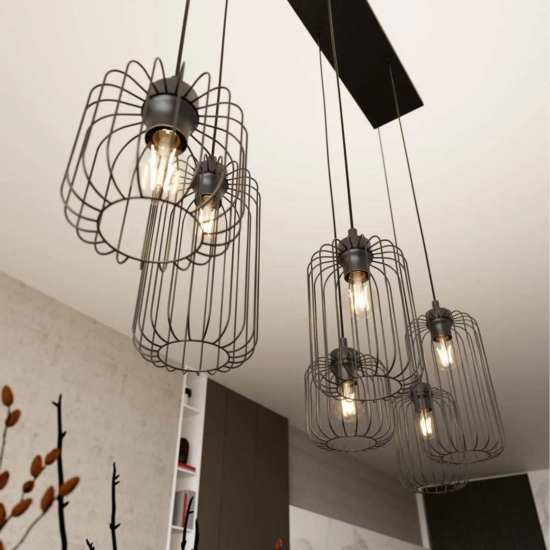 Suspension industrielle noire en acier à 6 lampes cage filaire 115x20 cm