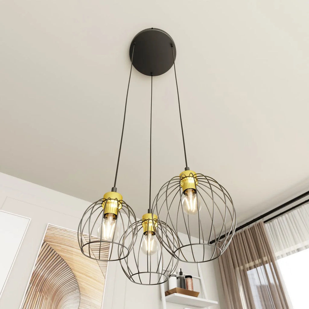 Suspension industrielle noire avec douilles dorées en grappe Ø24 cm