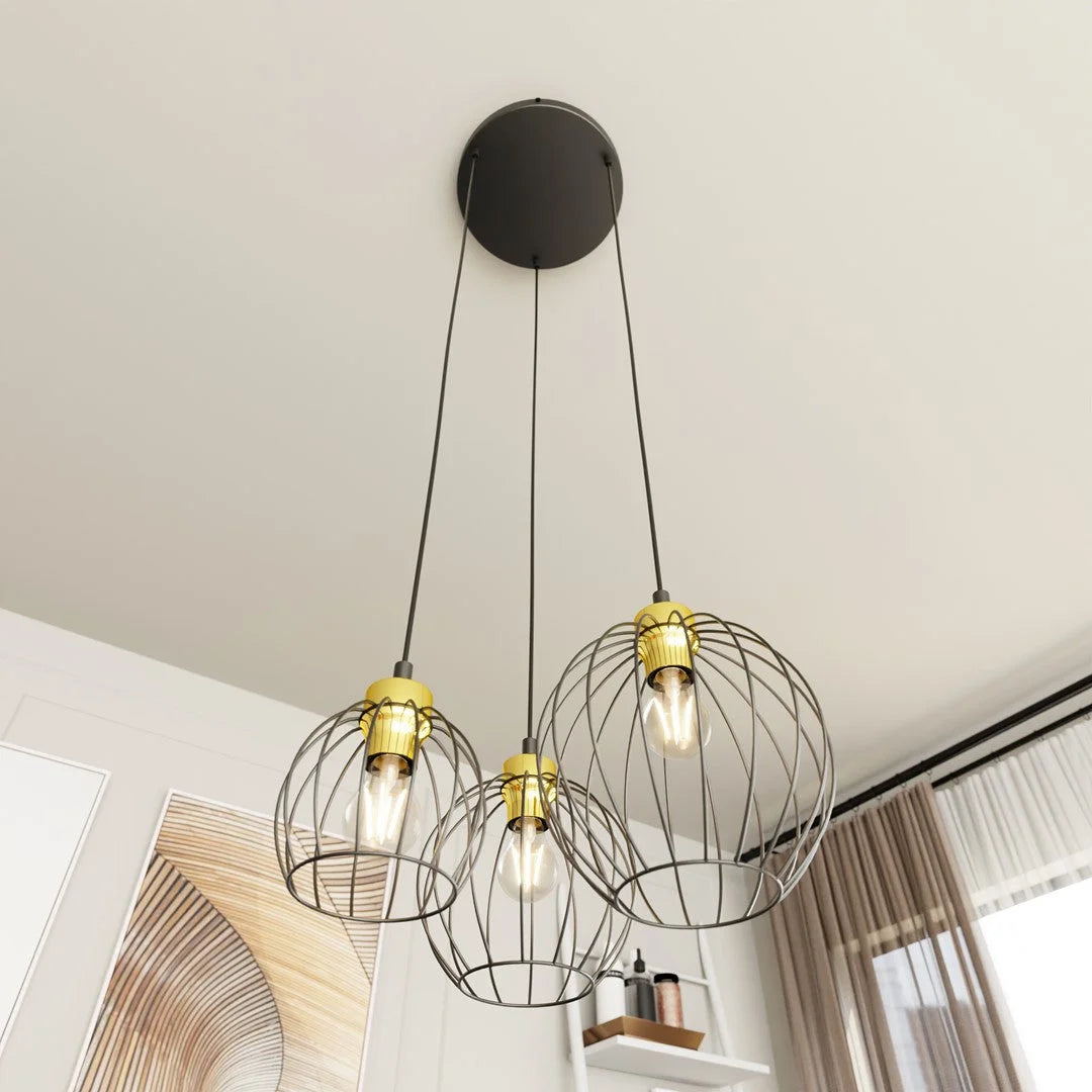 Suspension industrielle noire avec douilles dorées en grappe Ø24 cm