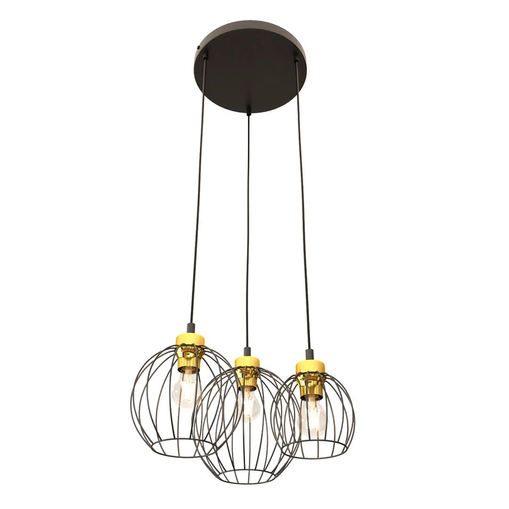 Suspension industrielle noire Ø24 cm avec douilles dorées en grappe