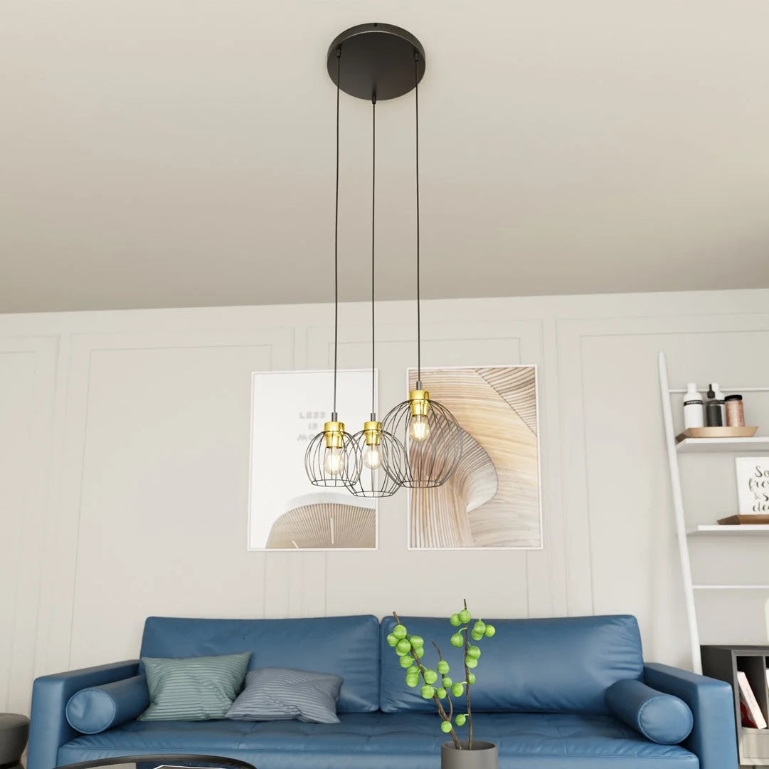 Suspension industrielle noire avec douilles dorées en grappe, Ø24 cm