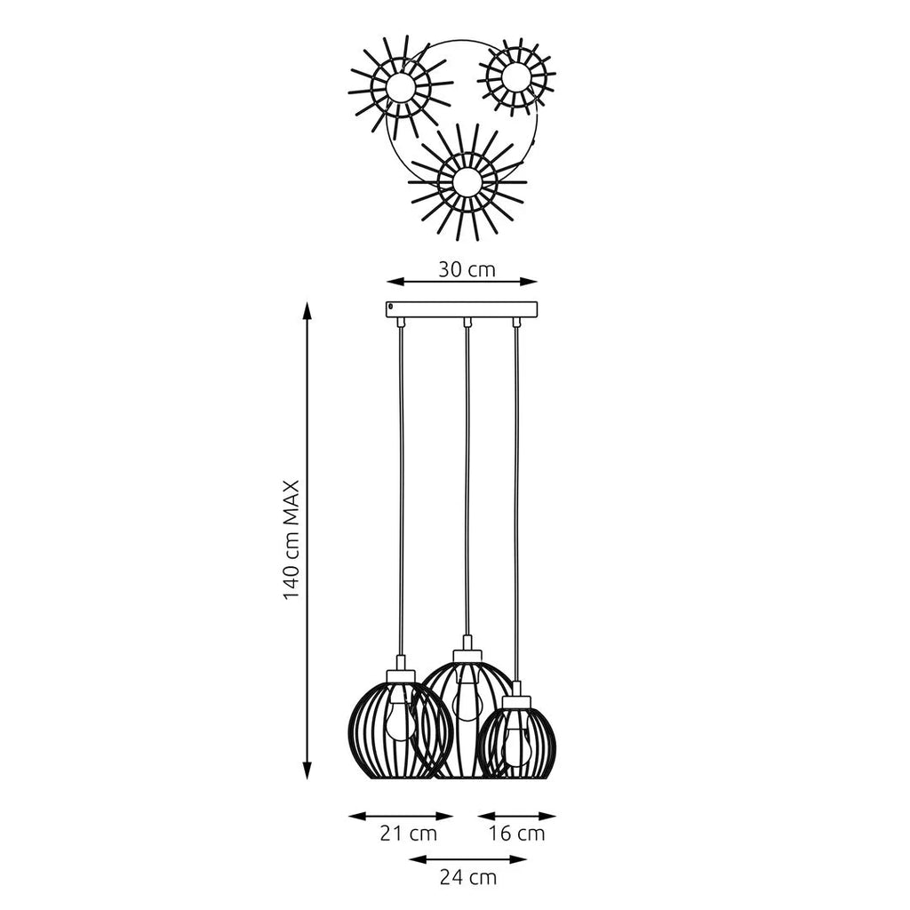 Suspension industrielle noire avec douilles dorées en grappe, Ø24 cm