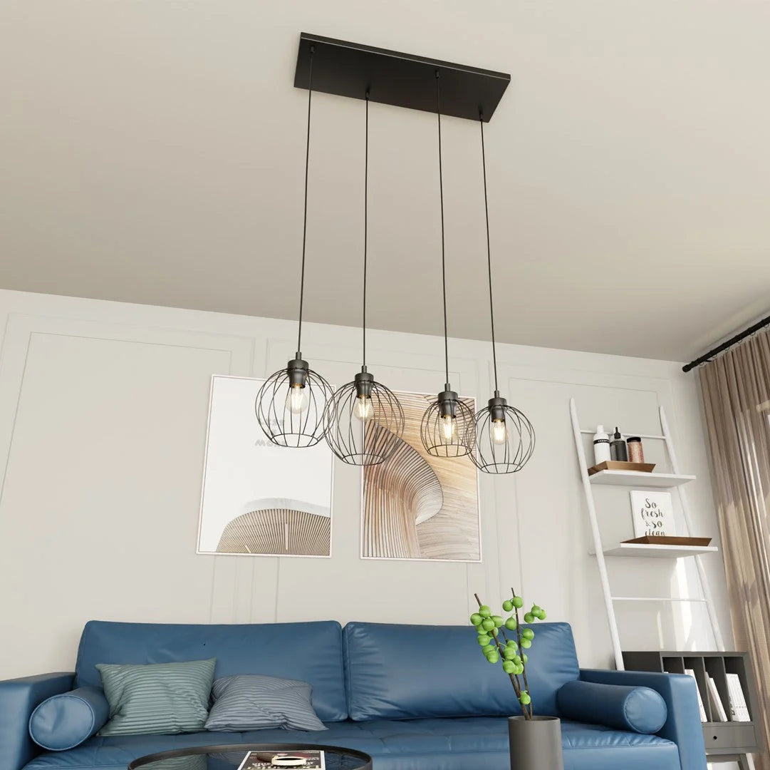 Suspension industrielle noire en métal filaire à 4 lumières sphériques, 83x140 cm