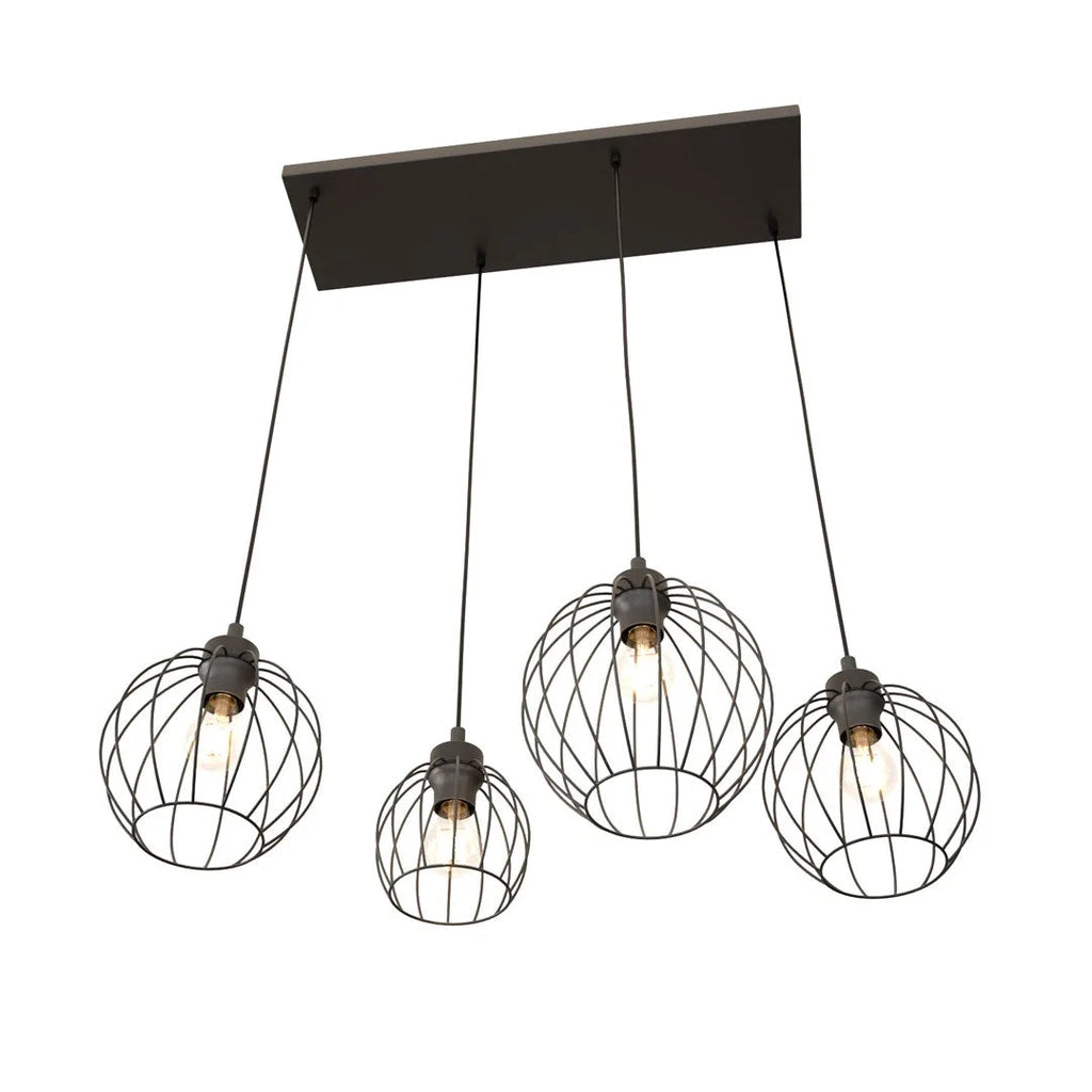 Suspension industrielle noire en métal filaire 4 lumières, 83x140 cm