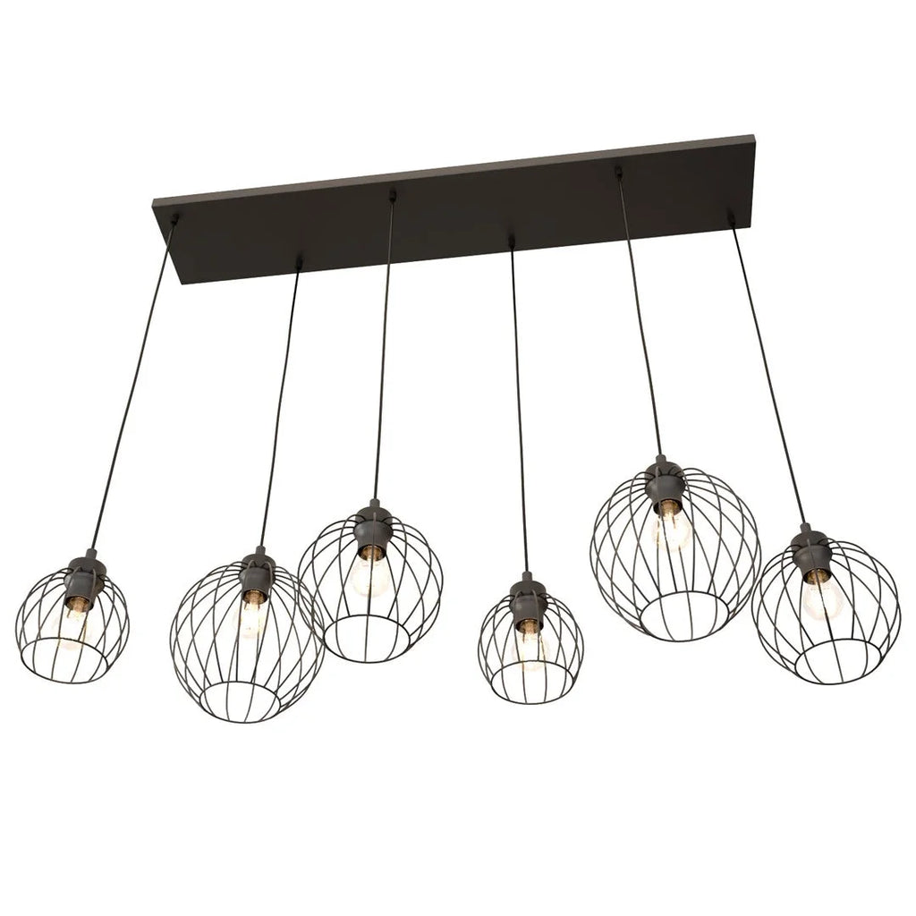 Suspension industrielle noire en métal filaire à 6 lumières, 125x20 cm