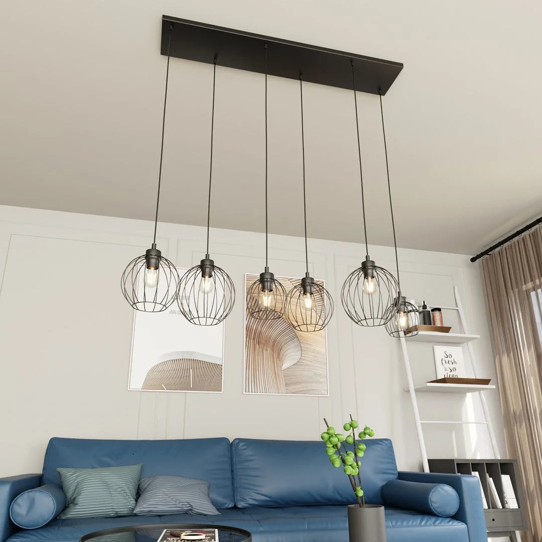 Suspension industrielle noire en métal filaire, 6 lumières, 125x20 cm