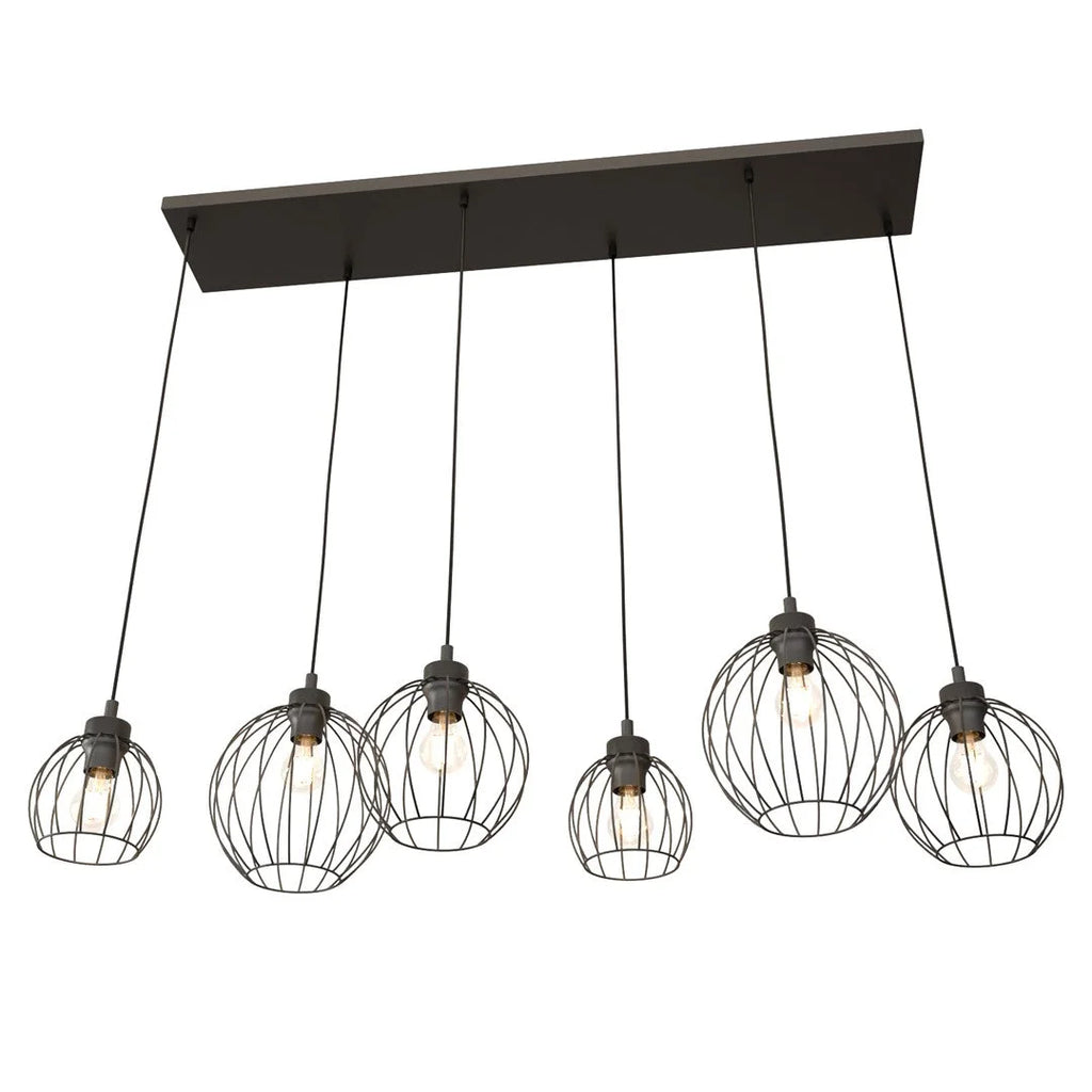 Suspension industrielle noire en métal filaire à 6 lumières, 125x20 cm