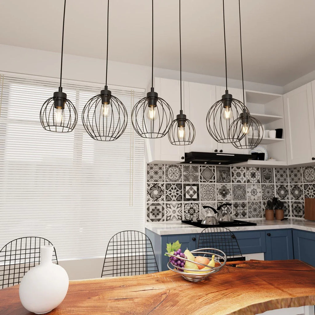 Suspension industrielle noire en métal filaire avec 5 cages en fer forgé, 125x20 cm
