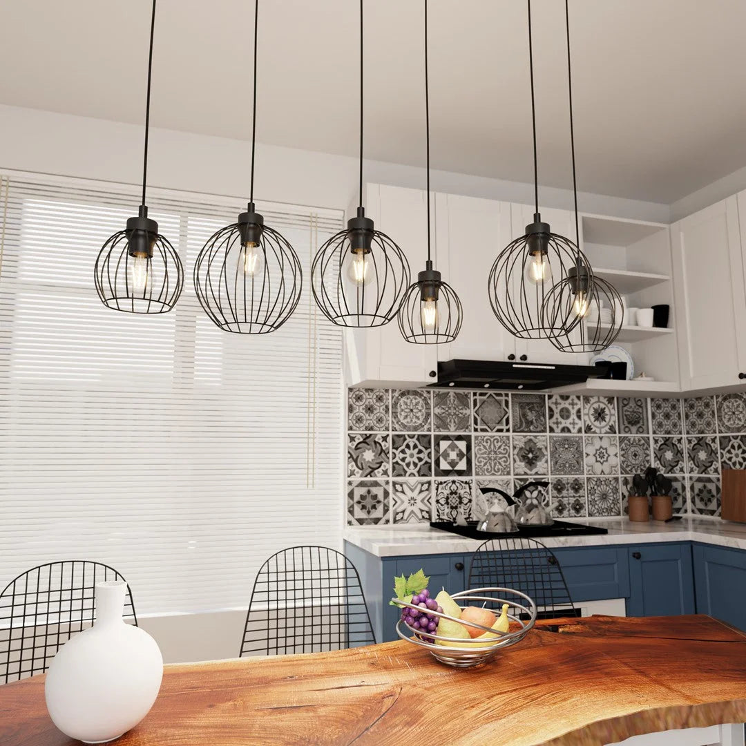Suspension industrielle noire en métal filaire avec 5 cages en fer forgé, 125x20 cm