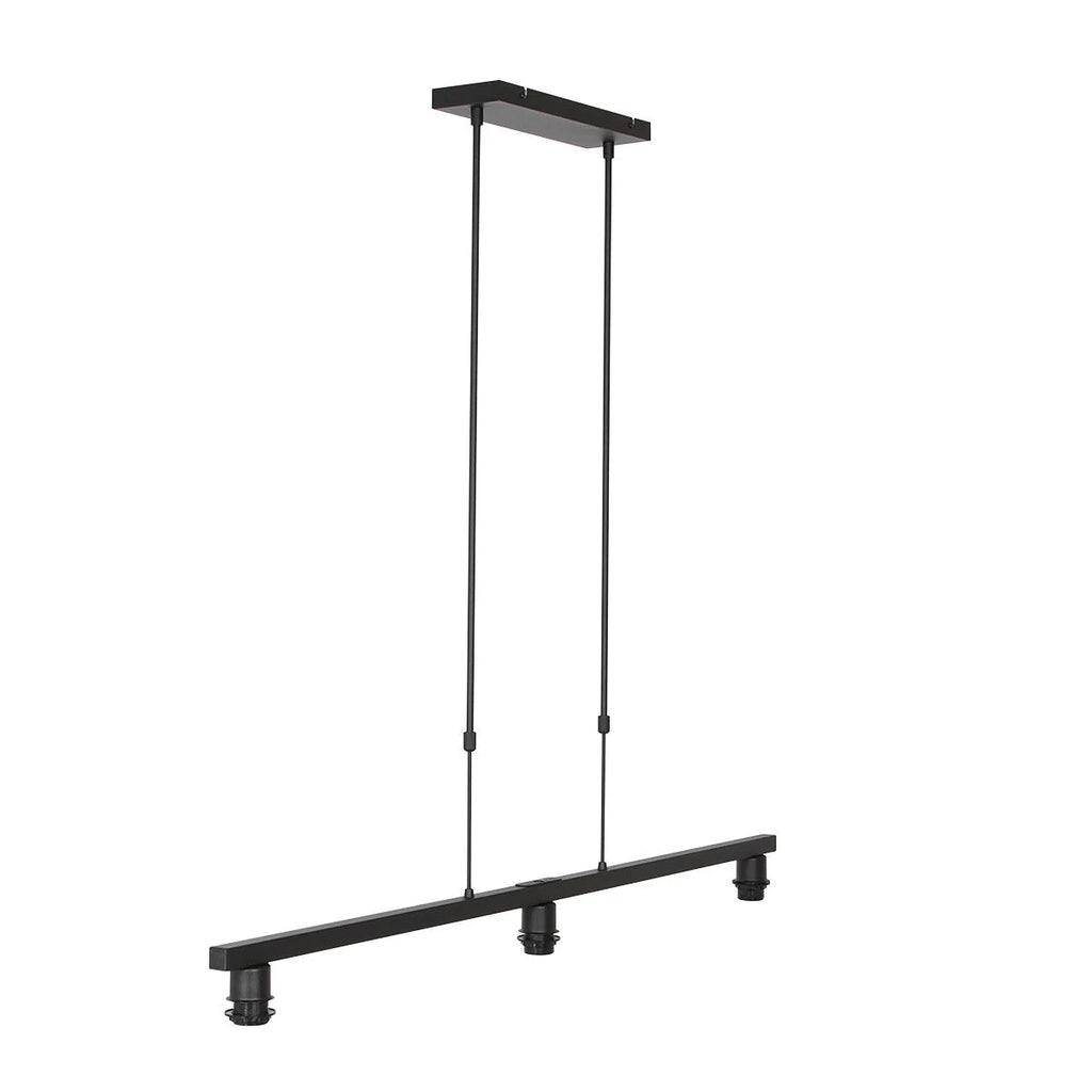 Suspension linéaire en métal noir avec trois abat-jours en tissu taupe