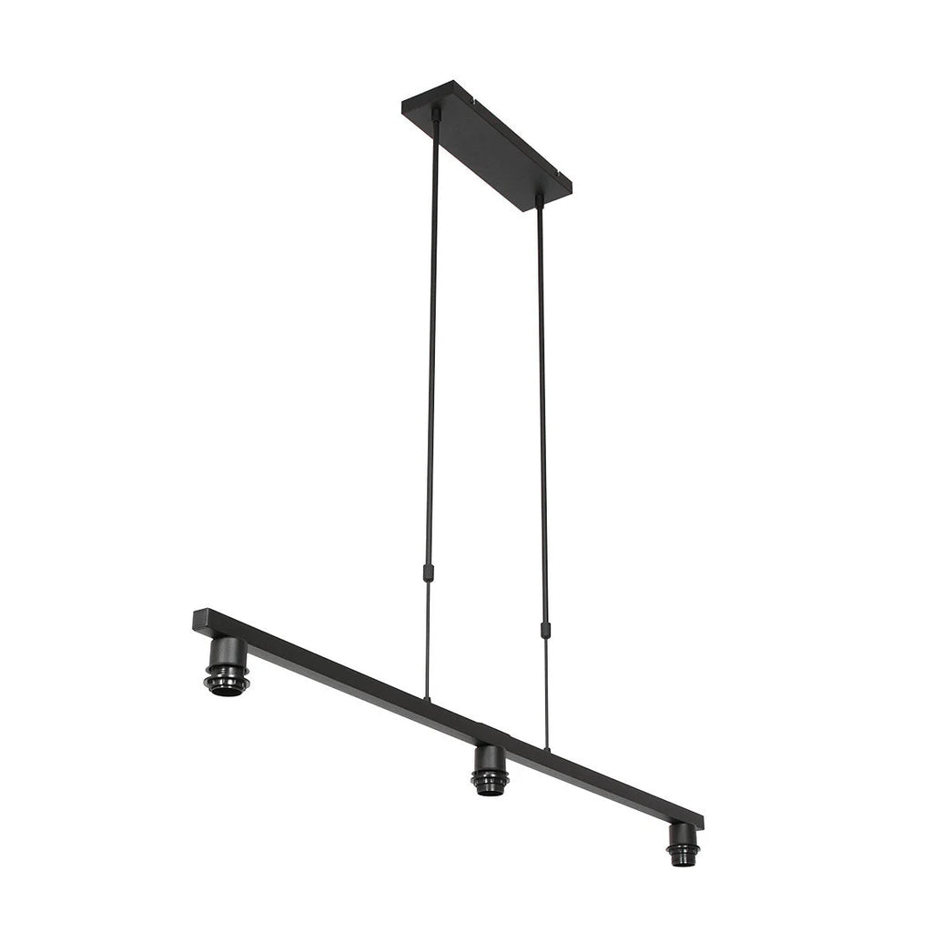 Suspension linéaire en métal noir avec trois abat-jours en tissu taupe et sockets exposés
