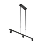 Suspension linéaire en métal noir avec trois abat-jours en tissu taupe et sockets exposés