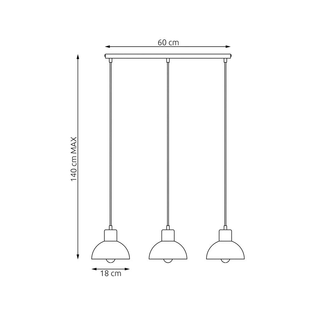 Suspension linéaire minimaliste 3 feux en métal noir et bois, 60x4 cm