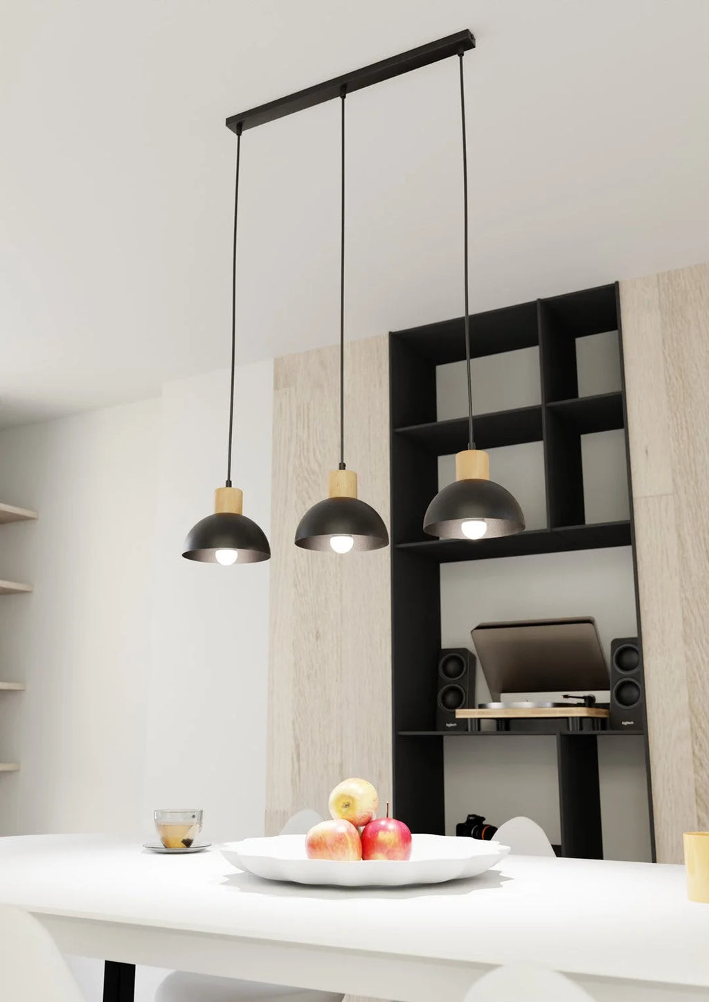 Suspension linéaire en métal noir et bois 3 feux pour table 60x4 cm