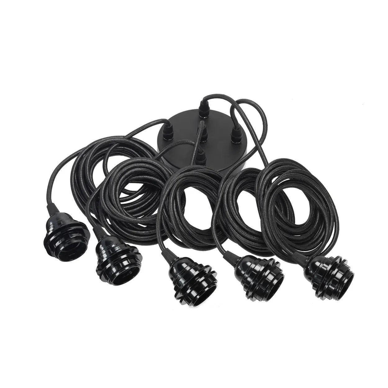 Suspension luminaire noire à 5 douilles avec câbles gainés et coiled cords