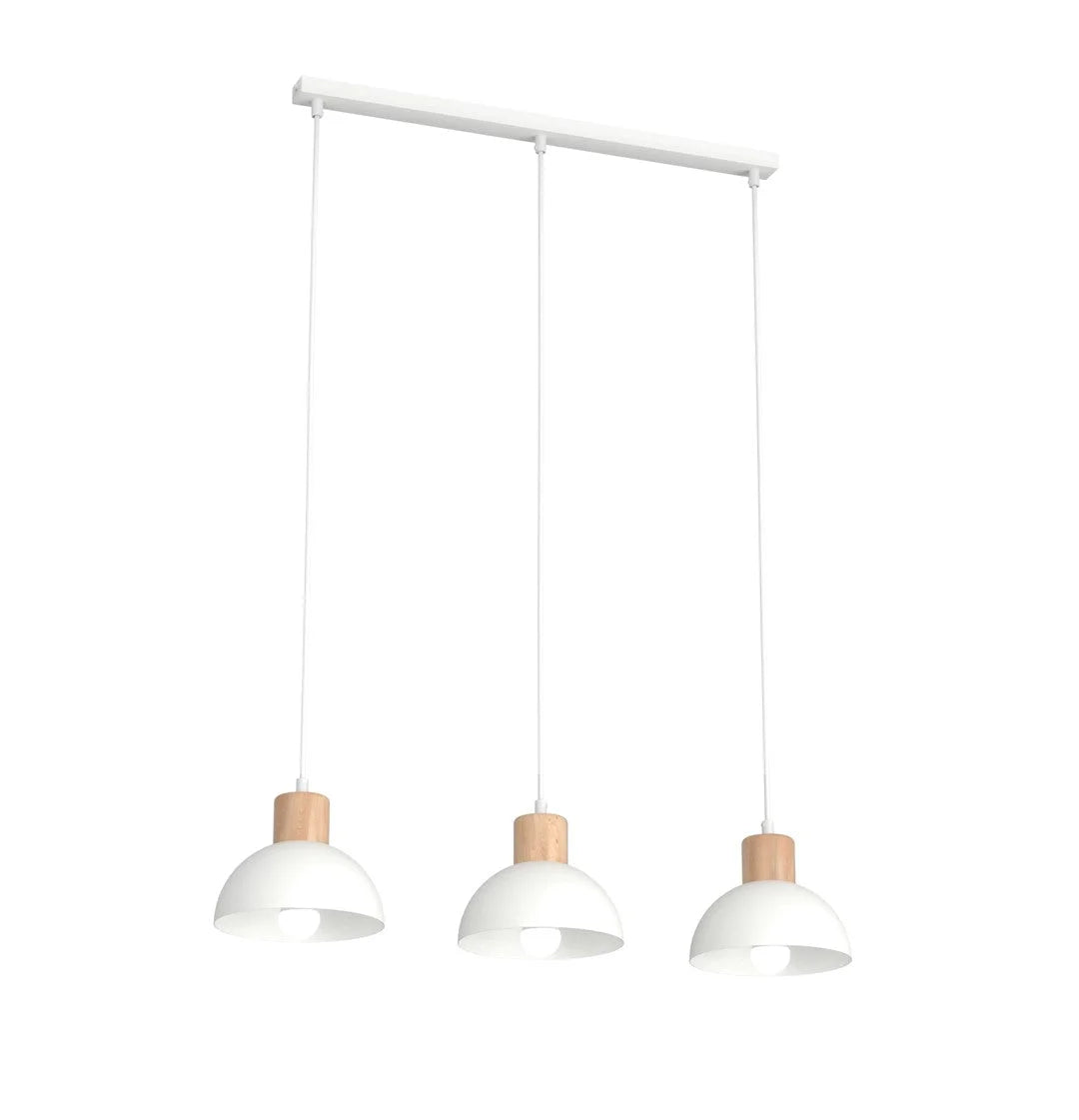 Suspension en métal blanc et bois naturel, 3 dômes, 60x4 cm