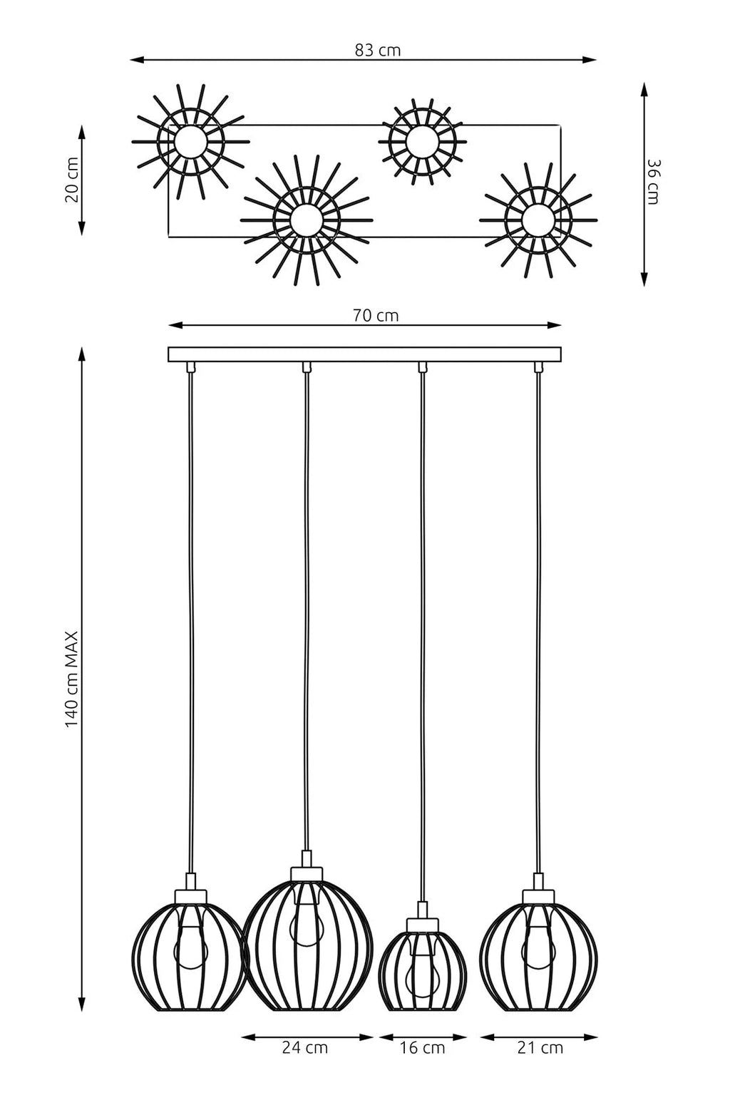 Suspension métal filaire noir et or à 4 lumières Ø24 cm