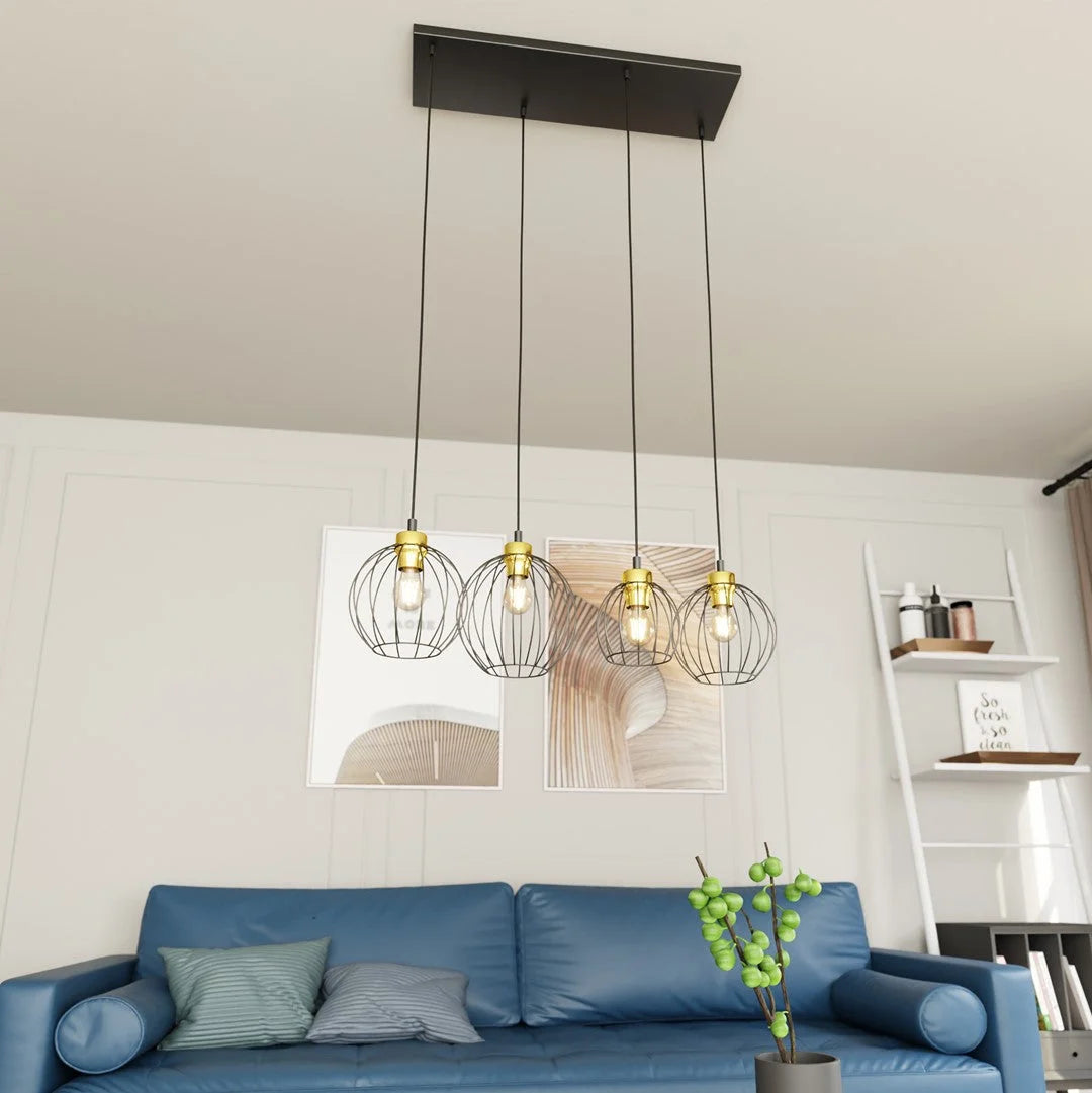 Suspension métal filaire noir et or à 4 lumières Ø24 cm