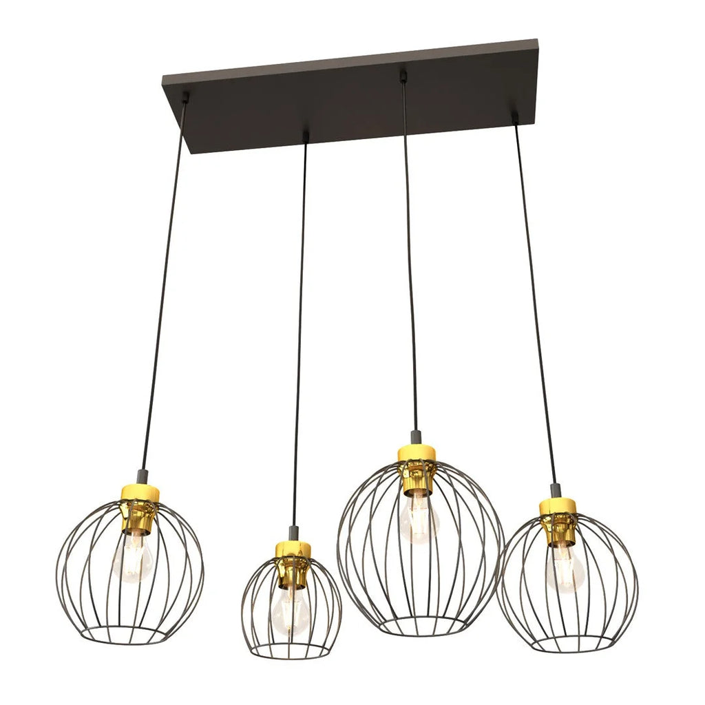 Suspension métal filaire noir et or industriel à 4 lumières Ø24 cm