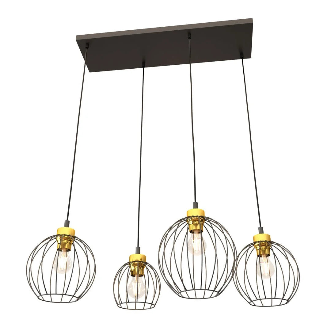 Suspension métal filaire noir et or industriel à 4 lumières Ø24 cm