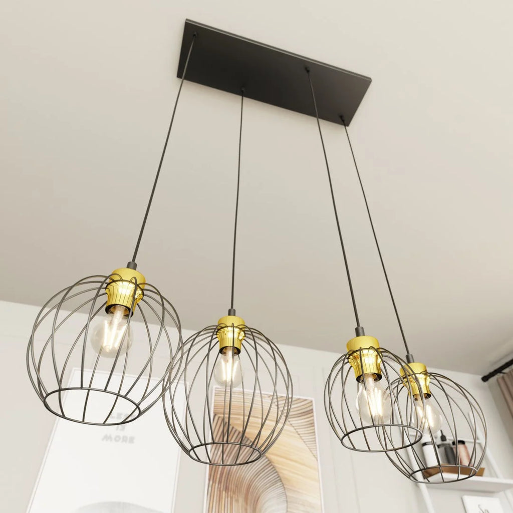 Suspension métal filaire noir et or à 4 lumières, Ø24 cm