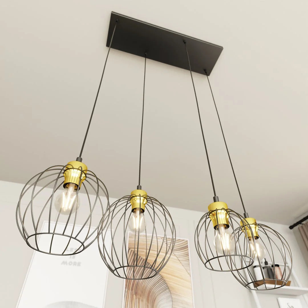 Suspension métal filaire noir et or à 4 lumières, Ø24 cm