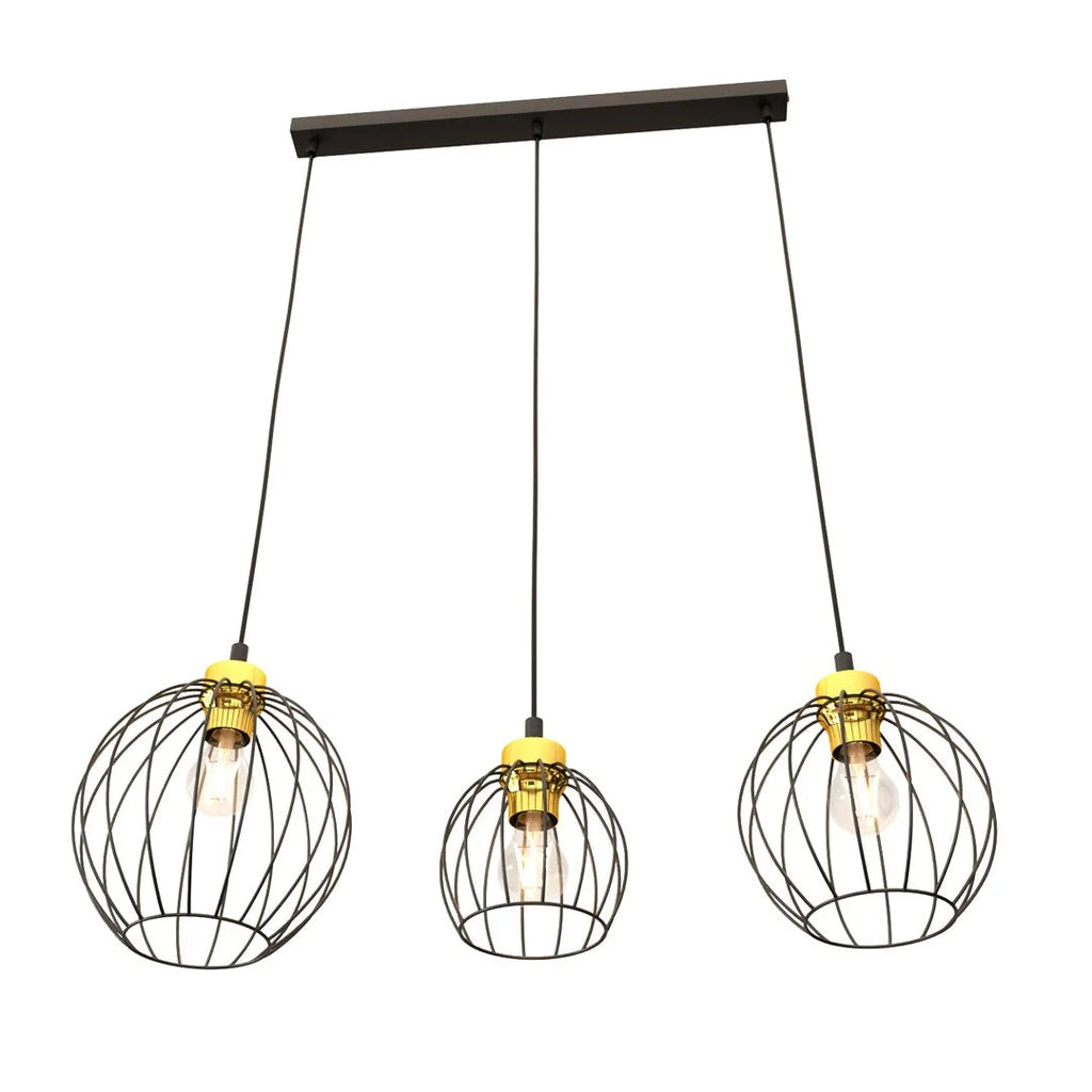 Suspension métal noir et or à 3 abat-jours cage Ø24 cm