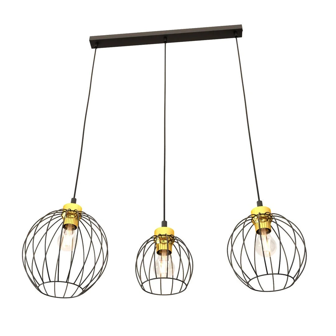 Suspension métal noir et or à 3 abat-jours cage Ø24 cm
