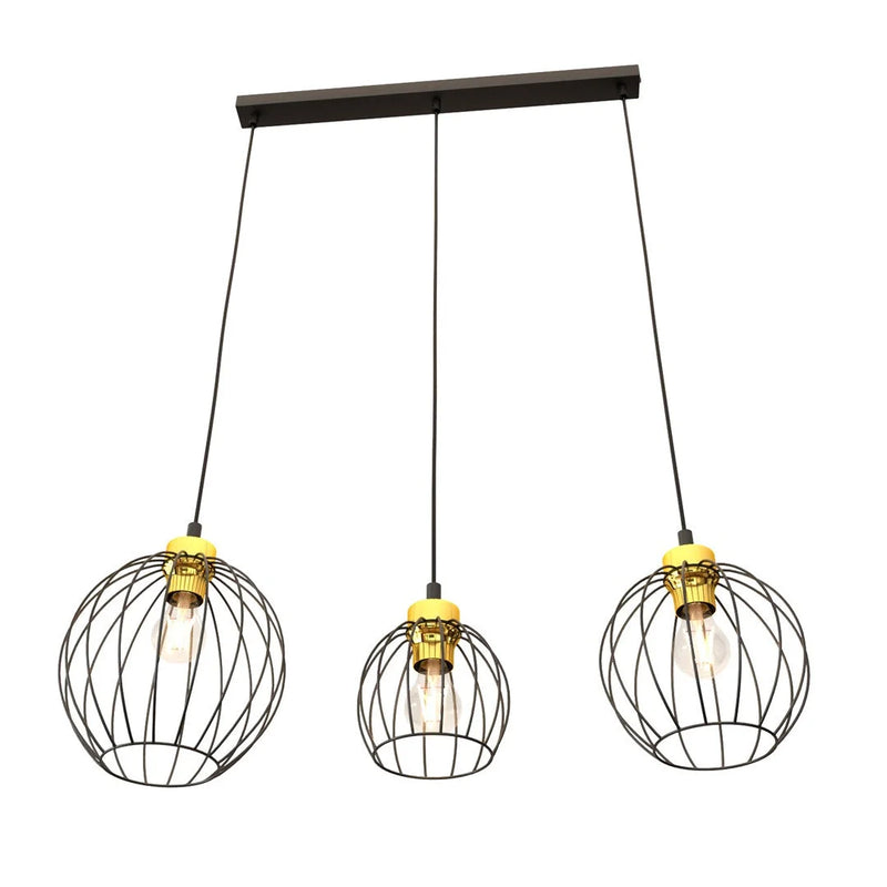Suspension métal noir et or à 3 abat-jours cage – Ø24 cm