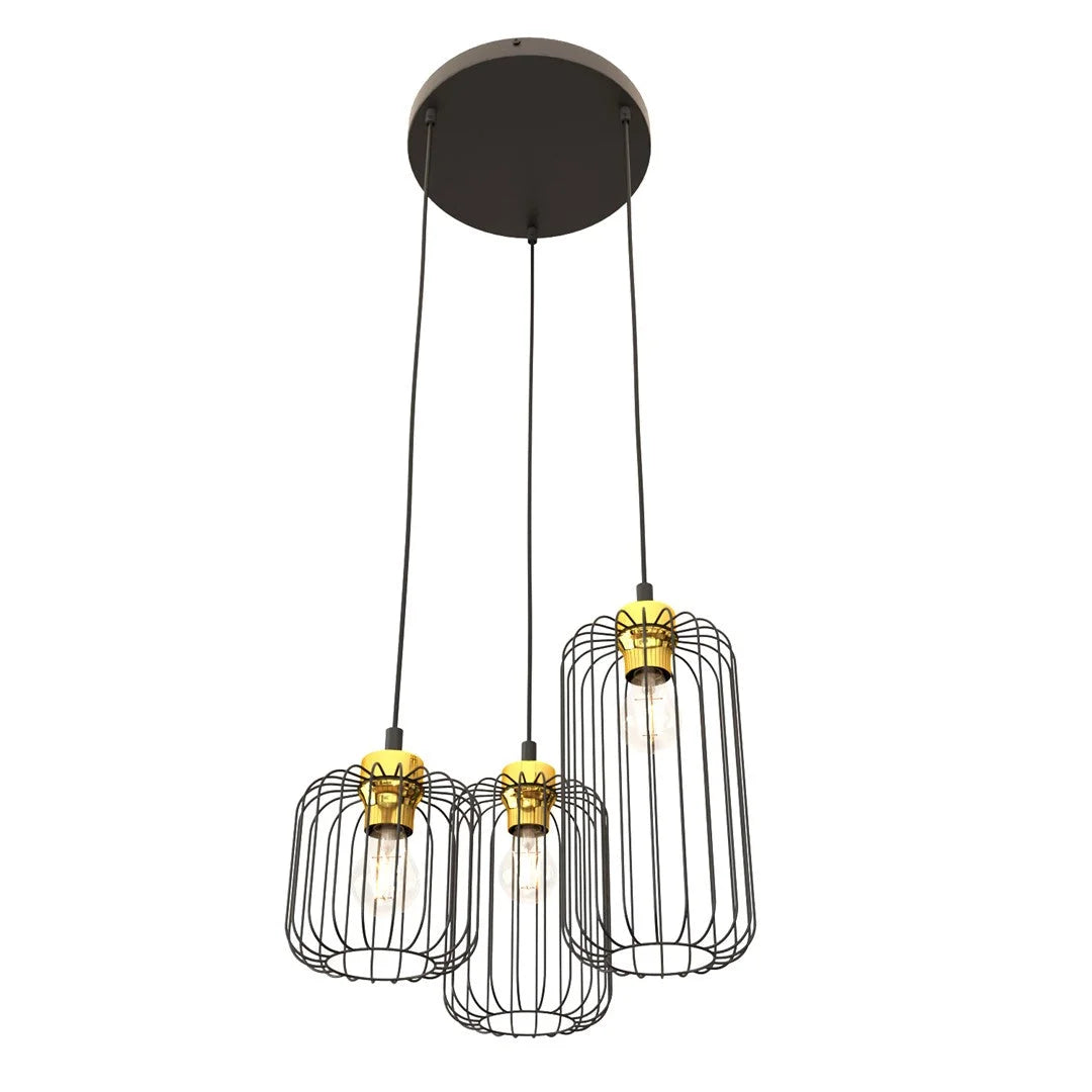 Suspension métal noir et or avec abat-jours filaires 3 lumières Ø30 cm