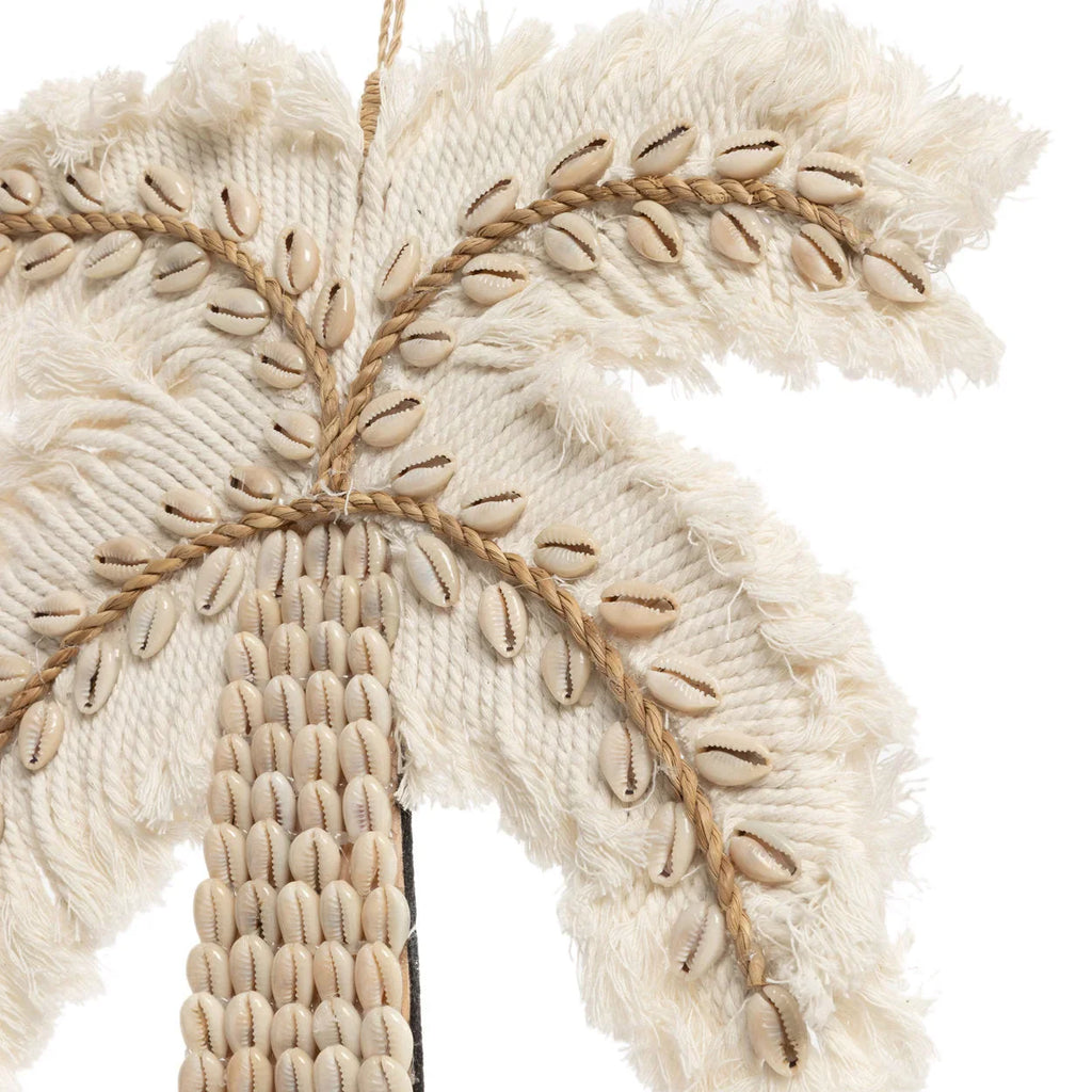 Ornement palmier frangé crème en tissu tissé, coquillages cowries, H27 cm