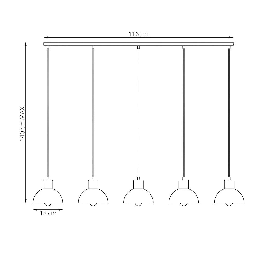 Suspension noire et bois 5 lumières en métal mat, 116x4 cm