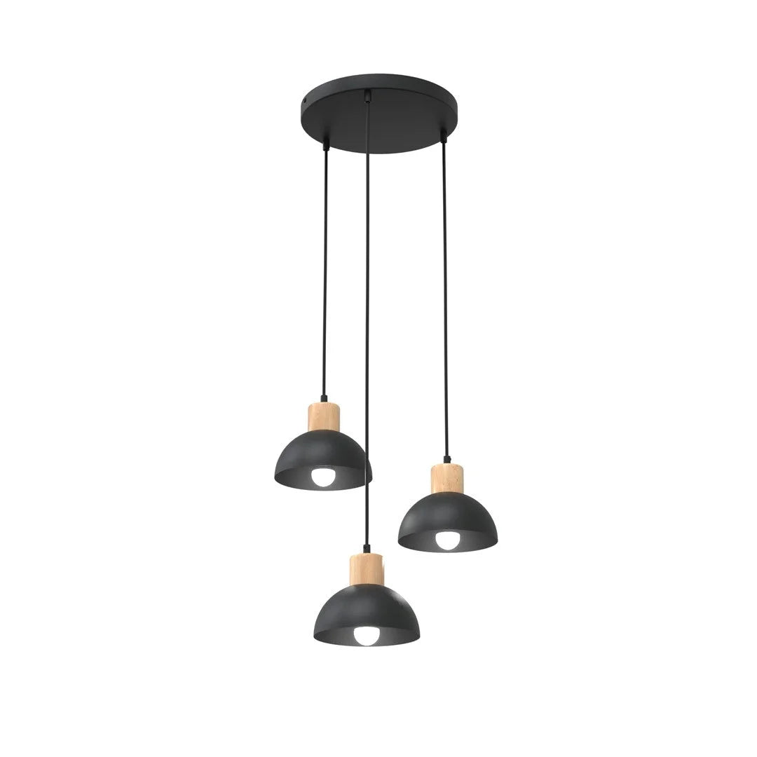 Suspension noire et bois à 3 dômes en métal mat Ø30 cm